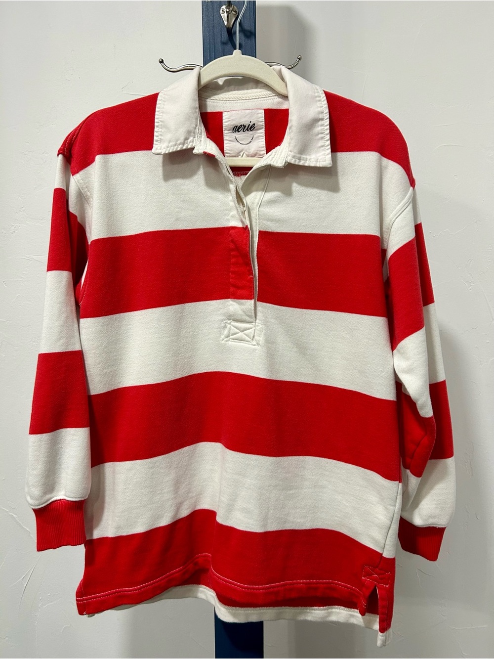 aerie Red and White Striped Rugby Polo Top - Picture 1 of 4